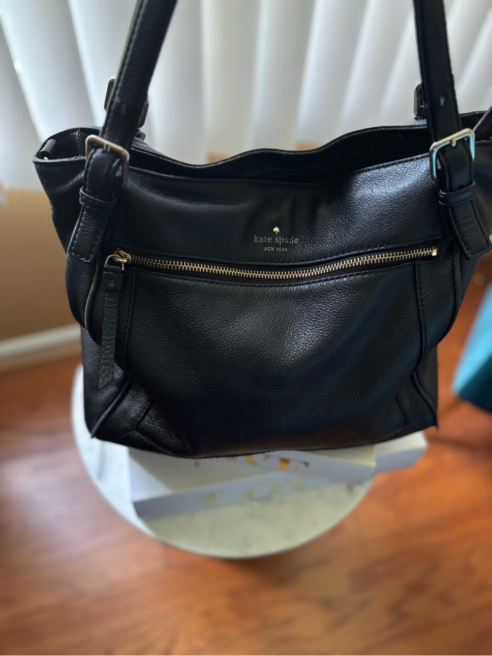 kate spade Black Pebbled Leather Shoulder Bag with Front Zip Pocket